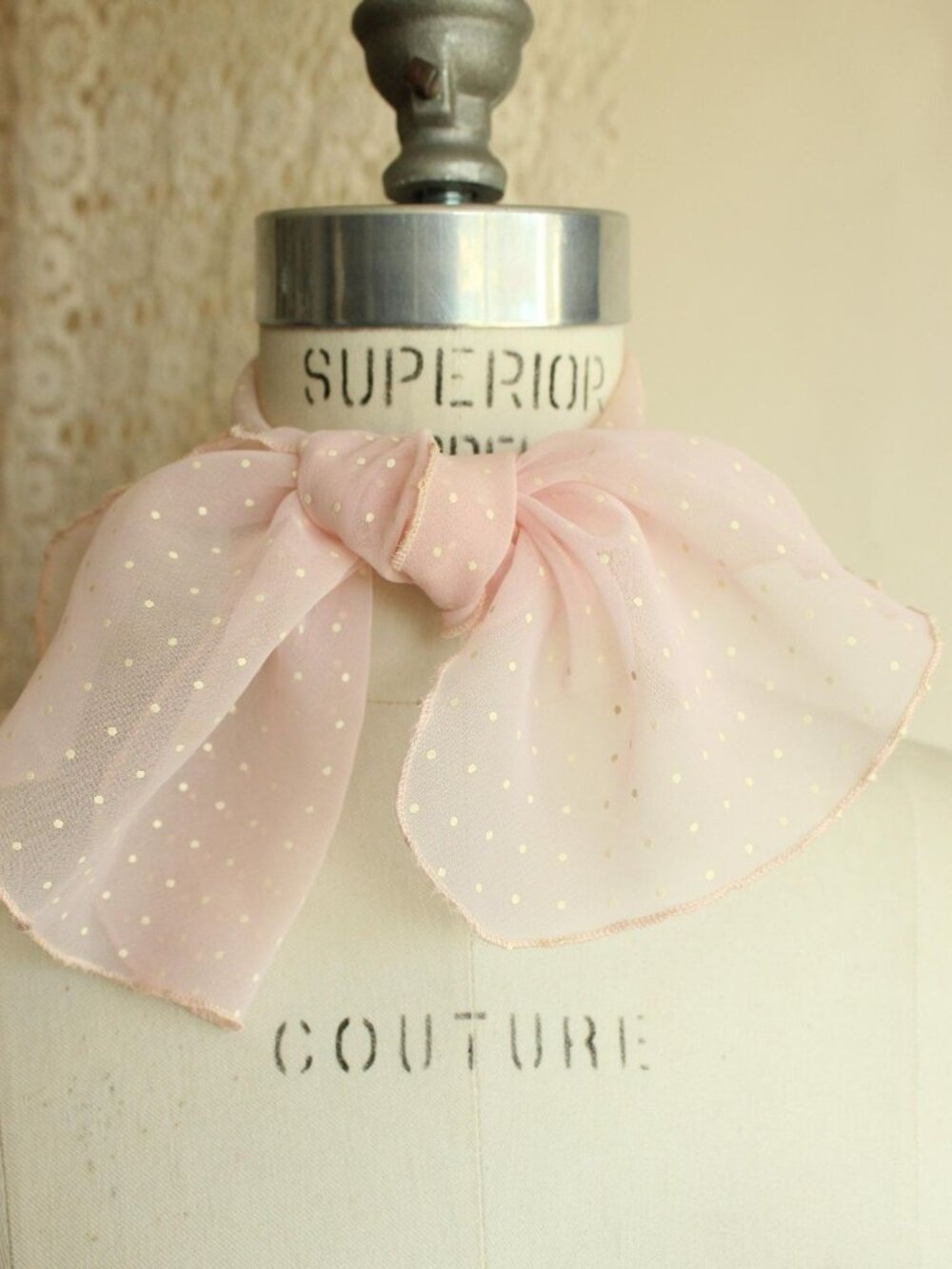 Vintage 1950s 1960s Scarf, Pink and White Polka Dot Rectangle Hair Tie, Neckerch